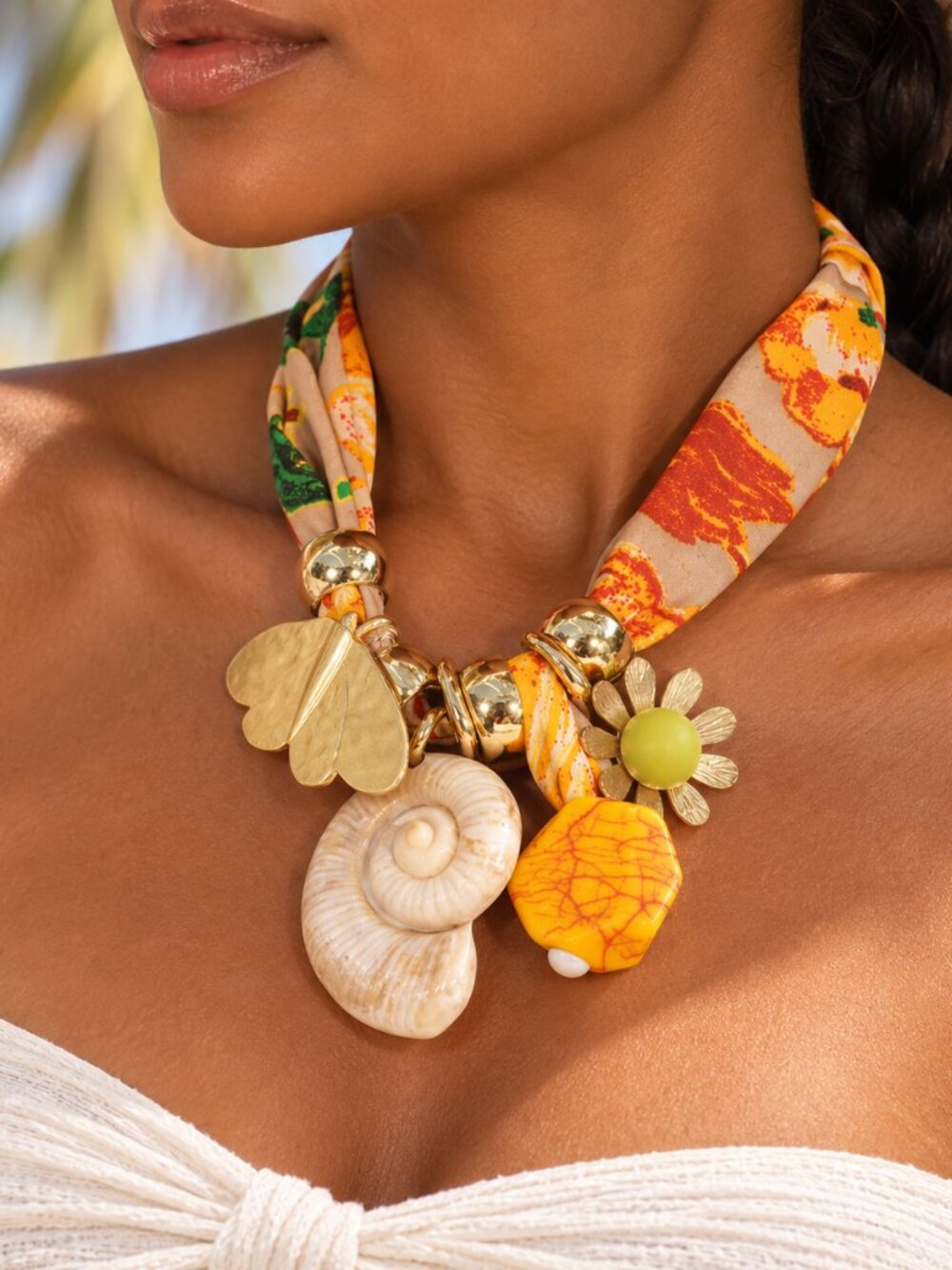 Handmade Women Resin Scarf Necklace Shell Charm Colorful Boho Gold Accents